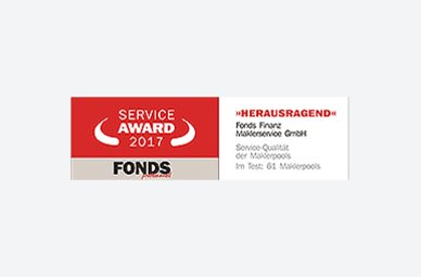 Auszeichnung der Fonds Finanz mit dem Titel HERAUSRAGEND in der Kategorie "Service-Qualität der Maklerpools" im Rahmen des Service Awards 2017 der FONDS professionell