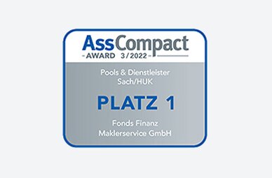 Auszeichnung der Fonds Finanz mit dem ersten Platz in der Kategorie "Sach/HUK" im Rahmen der AssCompact-Studie "Pools & Dienstleister" 2022