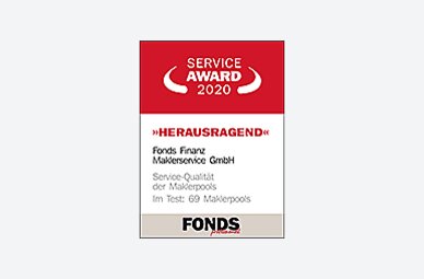 Auszeichnung der Fonds Finanz mit dem Titel HERAUSRAGEND in der Kategorie "Service-Qualität der Maklerpools" im Rahmen des Service Awards 2020 der FONDS professionell