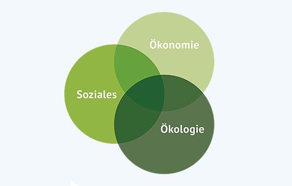 Grafik zum Dreiklang aus Ökonomie, Ökologie und Sozialem im Bereich Nachhaltigkeit und Corporate Social Responsibility