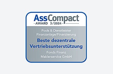 Auszeichnung der Fonds Finanz im Rahmen der AssCompact-Studie 3 / 2024 "Pools & Dienstleister" mit dem Titel "Beste dezentrale Vertriebsunterstützung" in der Kategorie "Finanzanlage/Finanzierung"