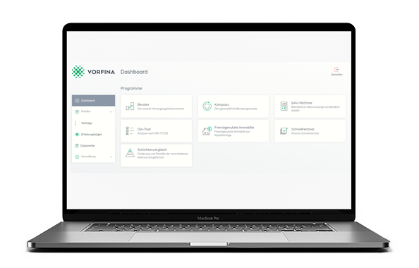Screenshot vom VorFina Portal mit Vermittler-Tools für eine ganzheitliche Kundenberatung