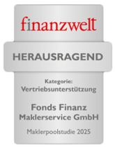Auszeichnung der Fonds Finanz mit dem Titel HERAUSRAGEND in der Kategorie "Vertriebsunterstützung" im Rahmen der Maklerpoolstudie 2025 der finanzwelt