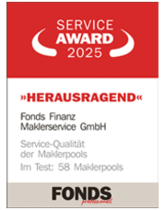 Auszeichnung der Fonds Finanz mit dem Titel HERAUSRAGEND in der Kategorie "Service-Qualität der Maklerpools" im Rahmen des Service Awards 2025 der FONDS professionell