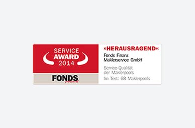 Auszeichnung der Fonds Finanz mit dem Titel HERAUSRAGEND in der Kategorie "Service-Qualität der Maklerpools" im Rahmen des Service Awards 2014 der FONDS professionell