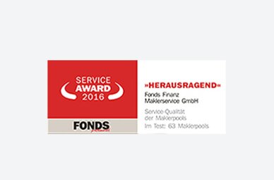 Auszeichnung der Fonds Finanz mit dem Titel HERAUSRAGEND in der Kategorie "Service-Qualität der Maklerpools" im Rahmen des Service Awards 2016 der FONDS professionell