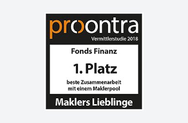 Auszeichnung der Fonds Finanz für die "beste Zusammenarbeit mit einem Maklerpool" im Rahmen der Vermittlerstudie "Maklers Lieblinge" 2018 des Fachmagazins procontra