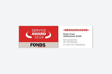Auszeichnung der Fonds Finanz mit dem Titel HERAUSRAGEND in der Kategorie "Service-Qualität der Maklerpools" im Rahmen des Service Awards 2019 der FONDS professionell