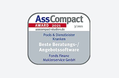 Auszeichnung der Fonds Finanz im Rahmen der AssCompact-Studie "Pools & Dienstleister" 2021 mit dem Titel "Beste Beratungs-/Angebotssoftware" in der Kategorie "Kranken"