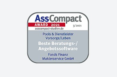 Auszeichnung der Fonds Finanz im Rahmen der AssCompact-Studie "Pools & Dienstleister" 2021 mit dem Titel "Beste Beratungs-/Angebotssoftware" in der Kategorie "Vorsorge/Leben"