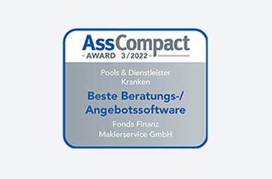 Auszeichnung der Fonds Finanz mit dem Titel "Beste Beratungs-/ Angebotssoftware" in der Kategorie "Kranken" im Rahmen der AssCompact-Studie "Pools & Dienstleister" 2022
