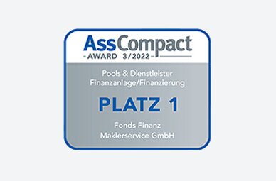 Auszeichnung der Fonds Finanz mit dem ersten Platz in der Kategorie "Finanzanlage/Finanzierung" im Rahmen der AssCompact-Studie "Pools & Dienstleister" 2022