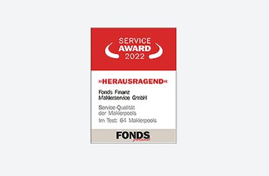 Auszeichnung der Fonds Finanz mit dem Titel HERAUSRAGEND in der Kategorie "Service-Qualität der Maklerpools" im Rahmen des Service Awards 2022 der FONDS professionell