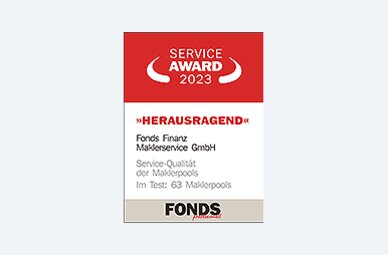 Auszeichnung der Fonds Finanz mit dem Titel HERAUSRAGEND in der Kategorie "Service-Qualität der Maklerpools" im Rahmen des Service Awards 2023 der FONDS professionell