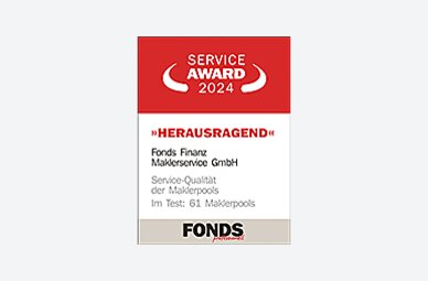 Auszeichnung der Fonds Finanz mit dem Titel HERAUSRAGEND in der Kategorie "Service-Qualität der Maklerpools" im Rahmen des Service Awards 2024 der FONDS professionell