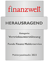 Auszeichnung der Fonds Finanz mit dem Titel HERAUSRAGEND in der Kategorie "Vertriebsunterstützung" im Rahmen der "Maklerpoolstudie 2023" der finanzwelt