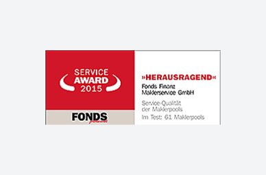 Auszeichnung der Fonds Finanz mit dem Titel HERAUSRAGEND in der Kategorie "Service-Qualität der Maklerpools" im Rahmen des Service Awards 2015 der FONDS professionell