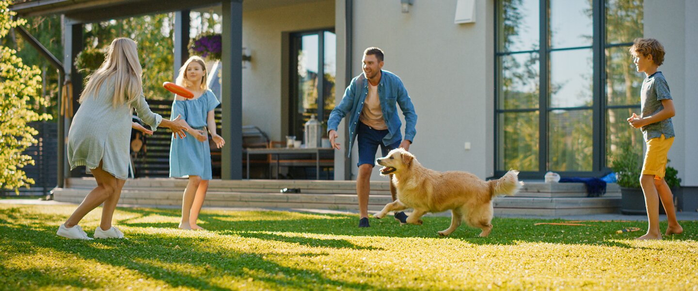 Eine Familie beim Frisbee spielen in ihrem Garten