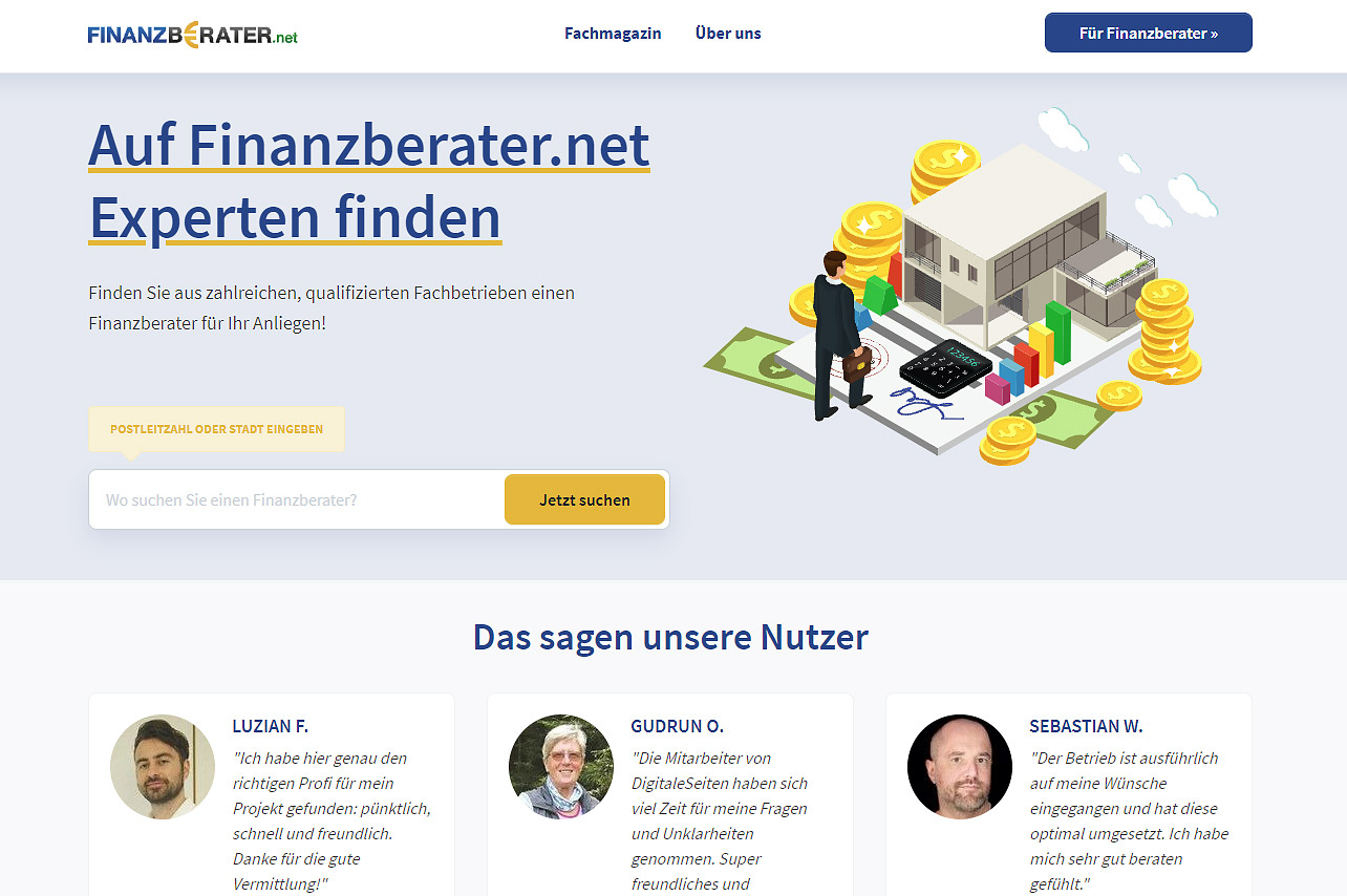 Screenshot des Portals finanzberater.net auf dem potenzielle Kunden nach Finanz- und Versicherungsmaklern in ihrer Region suchen und auch gleich Angebote einholen können