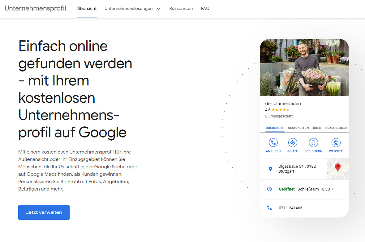 Screenshot von Google My Business, einem Tool, mit dem Finanzdienstleister und Versicherungsmakler kostenlos einen Firmeneintrag anlegen und so ihre Sichtbarkeit im Internet steigern können