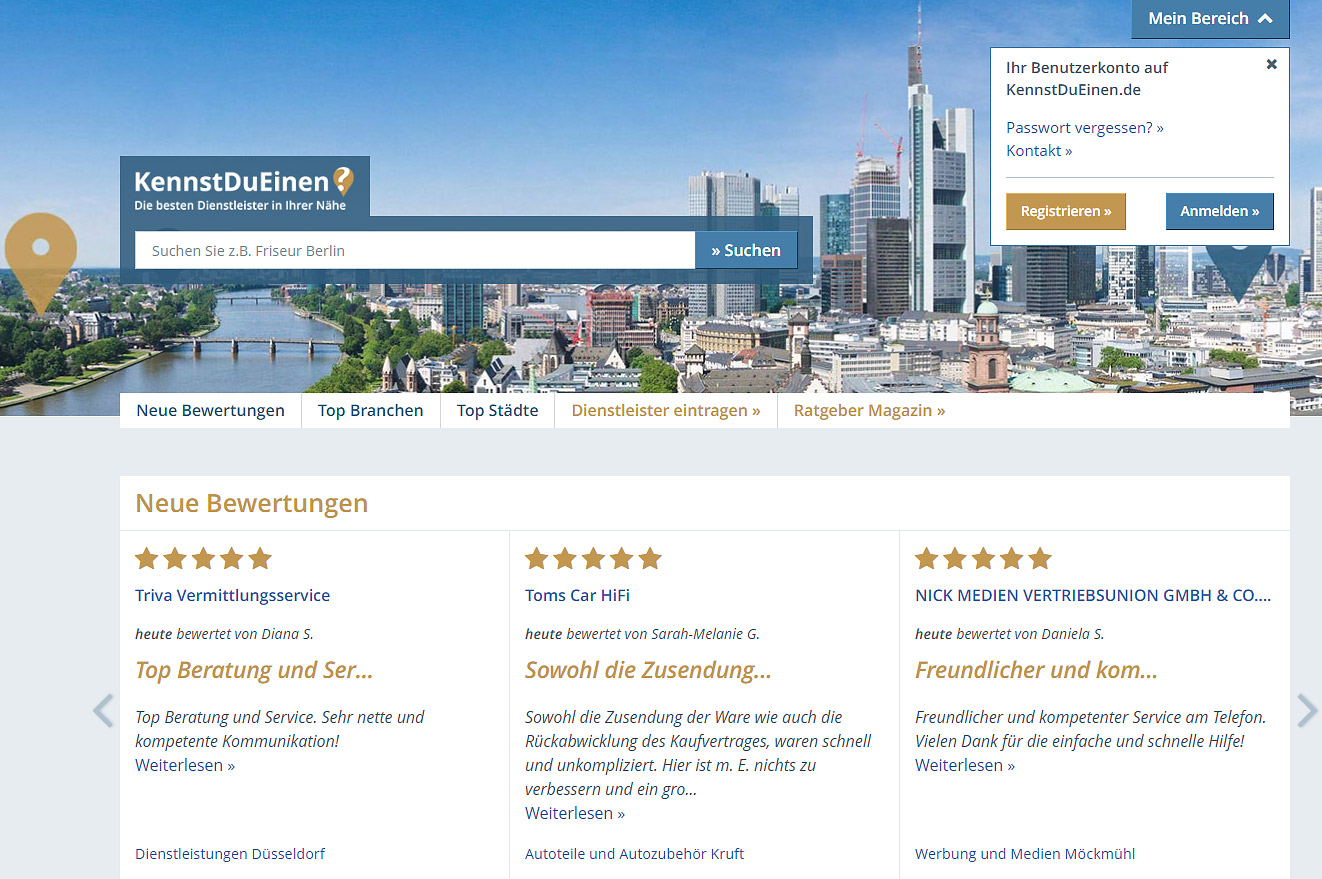 Screenshot des Empfehlungsportals kennstdueinen.de, einer Plattform für Dienstleistungsbewertungen in Deutschland, auf der Finanz- und Versicherungsmakler einen Firmeneintrag anlegen können
