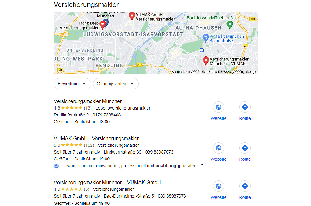 Screenshot der Google-Suchergebnisse für die Suchanfrage "Versicherungsmakler München"