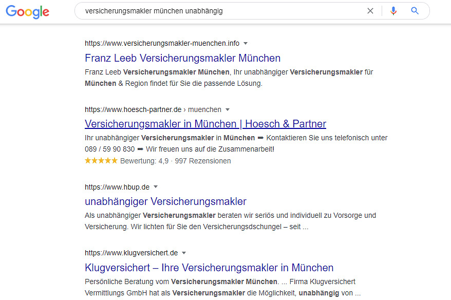 Screenshot der Google Suchergebnisse zur Suchanfrage "Makler München unabhängig"