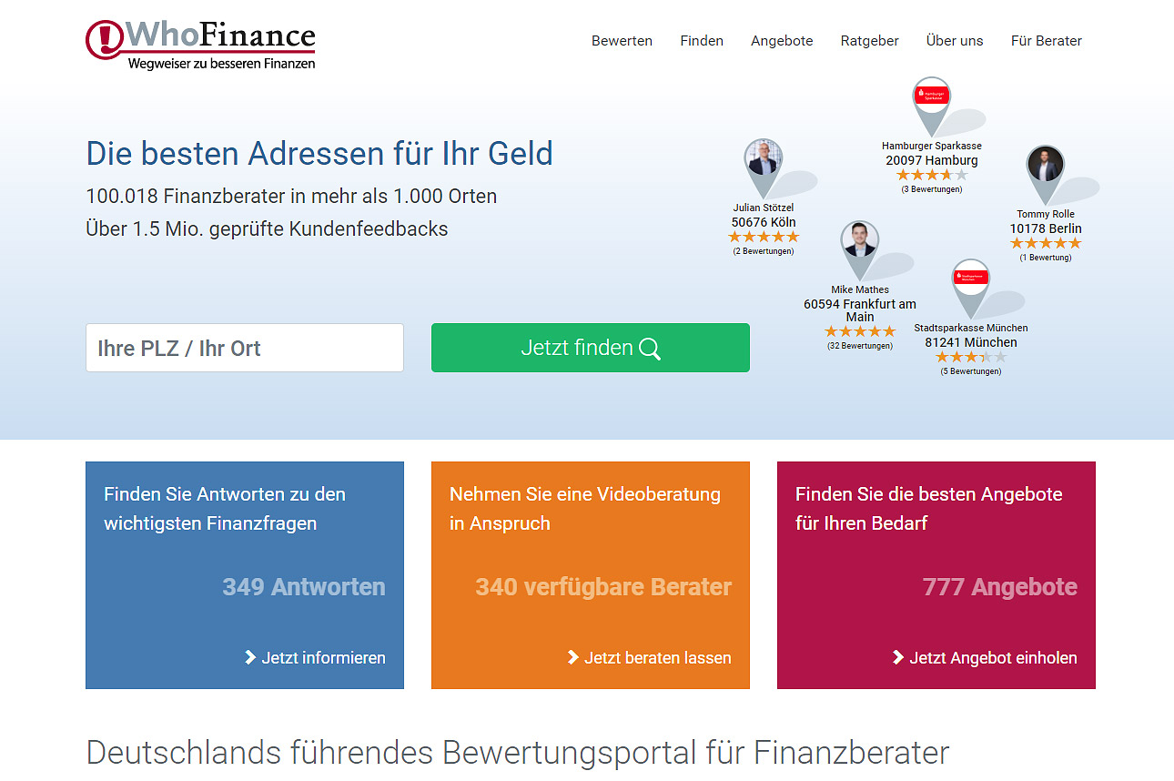 Screenshot der Bewertungsplattform WhoFinance, die auf Empfehlungen im Bereich Finanz- und Versicherungsberatung spezialisiert ist