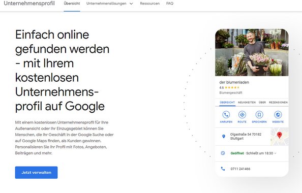 Screenshot von Google My Business, einem Tool, mit dem Finanzdienstleister und Versicherungsmakler kostenlos einen Firmeneintrag anlegen und so ihre Sichtbarkeit im Internet steigern können