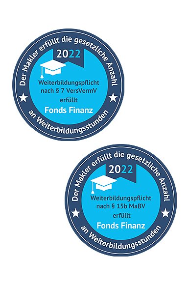 Die IDD- und MaBV-Weiterbildungssiegel der Fonds Finanz für Vermittler, die die gesetzlich geforderten Weiterbildungsstunden komplett über die Fonds Finanz als Bildungsdienstleister geleistet haben