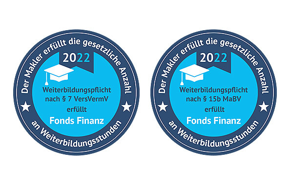 Die IDD- und MaBV-Weiterbildungssiegel der Fonds Finanz, die Vermittler erhalten, wenn sie die gesetzlich geforderten Weiterbildungsstunden komplett über die Fonds Finanz als Bildungsdienstleister geleistet haben