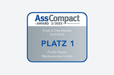 Auszeichnung der Fonds Finanz im Rahmen der AssCompact-Studie "Pools & Dienstleister" 2023 mit dem ersten Platz in der Kategorie "Sach/ HUK"