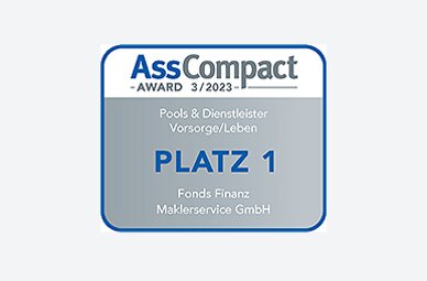 Auszeichnung der Fonds Finanz im Rahmen der AssCompact-Studie "Pools & Dienstleister" 2023 mit dem ersten Platz in der Kategorie "Vorsorge/Leben"