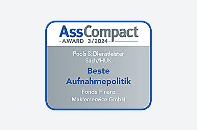 Auszeichnung der Fonds Finanz im Rahmen der AssCompact-Studie 3 / 2024 "Pools & Dienstleister" mit dem Titel "Beste Aufnahmepolitik" in der Kategorie "Sach/HUK"