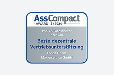 Auszeichnung der Fonds Finanz im Rahmen der AssCompact-Studie 3 / 2024 "Pools & Dienstleister" mit dem Titel "Beste dezentrale Vertriebsunterstützung" in der Kategorie "Kranken"