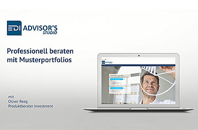 Thumbnail für ein Video über Advisor's Studio, in dem Vermittler erfahren, wie sie ihren Kunden mit größeren Anlagensummen eine professionelle, effiziente und rechtskonforme Investmentberatung mit der Software Advisor's Studio bieten können