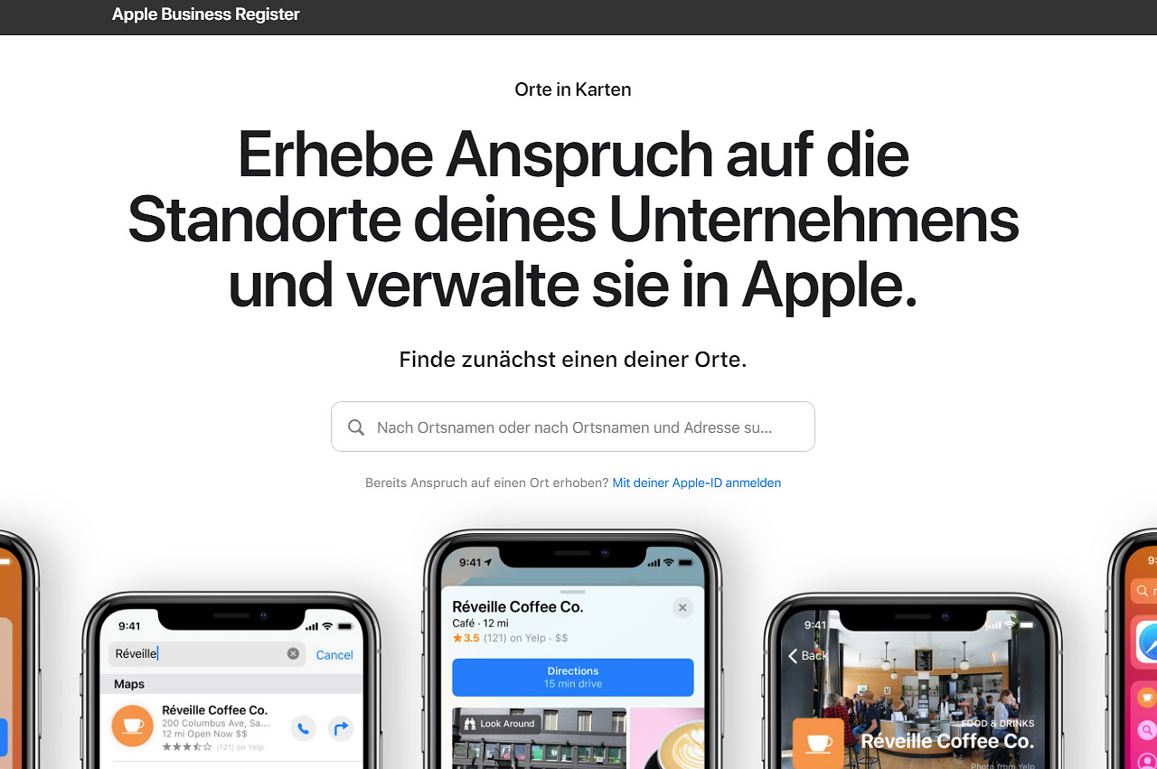 Screenshot von Apple Maps Connect, einem Angebot von Apple, bei dem Makler ähnlich wie bei Google My Business einen Firmeneintrag anlegen können