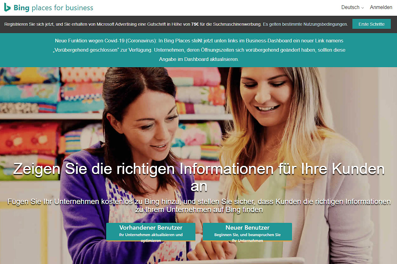 Screenshot von Bing Places for business, einer Plattform, auf der selbständige Makler einen Firmeneintrag anlegen können, um ihre Sichtbarkeit online zu steigern