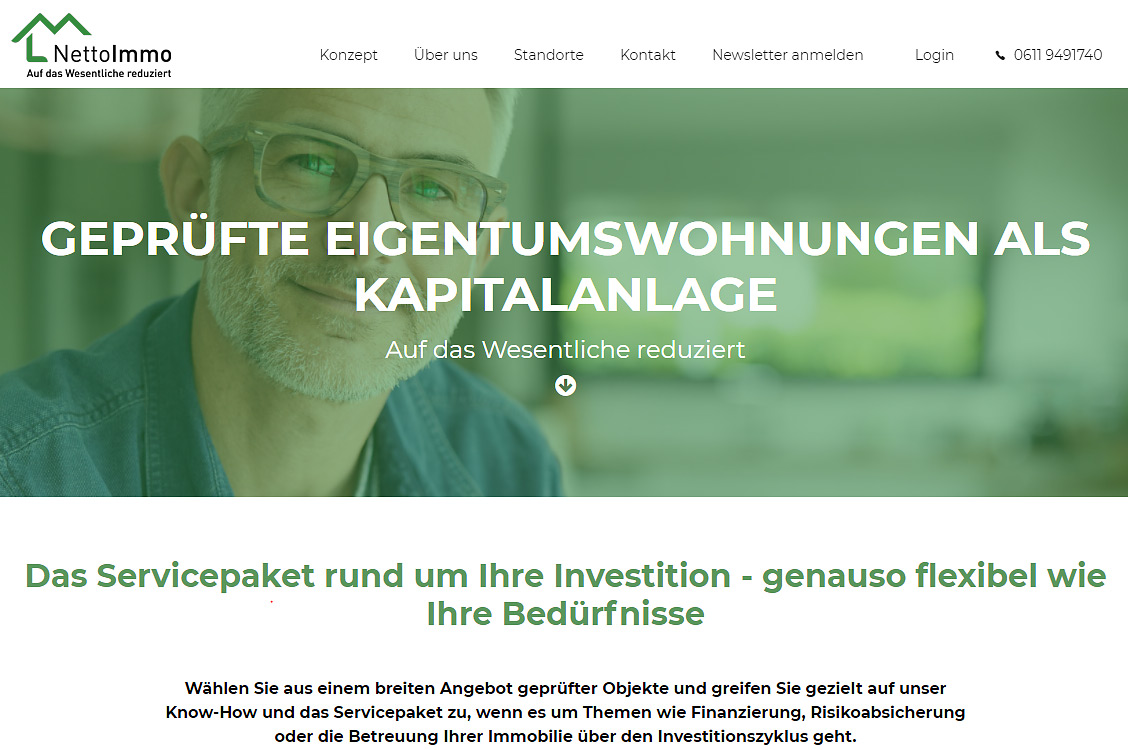 Screenshot von der Website NettoImmo auf der erläutert wird, wie Interessenten geprüfte Eigentumswohnungen als Kapitalanlage nutzen können