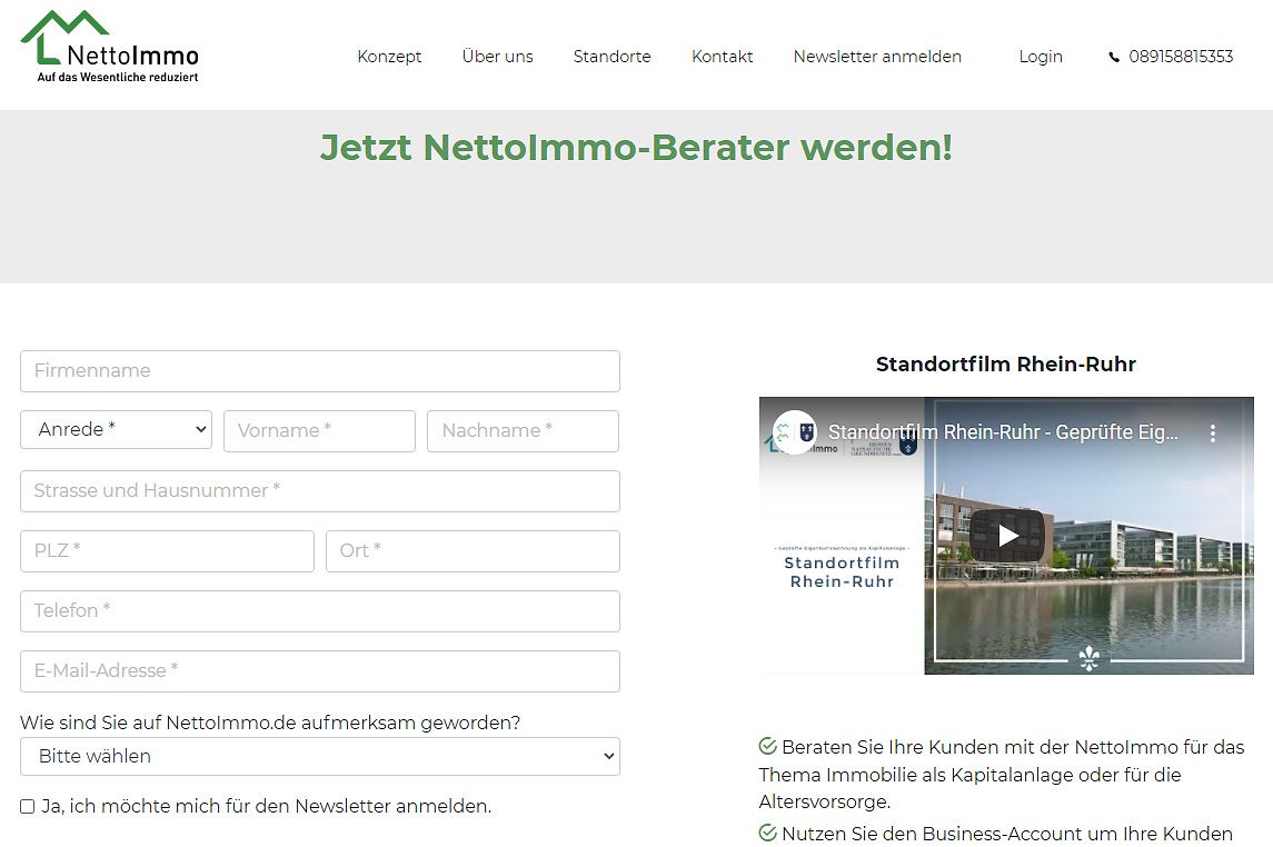 Screenshot der Website NettoImmo von einem Bereich, in dem Vermittler sich als NettoImmo-Berater anmelden können, um Immobilien zu vermitteln